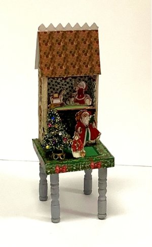 Tiny Dollhouse on Table, Decorated for Christmas