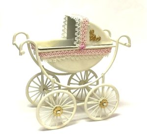 Baby Carriage, Ivory with Pink and Brass Accents