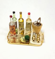 Brass Bar Tray with Bottles and Accessories