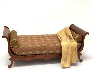 French Day Bed with Luxurious Brown, Gold, and Rust Fabric