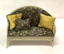Metal "Wicker" Settee with Gray Floral Cushions