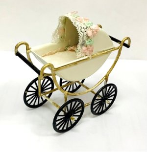 Baby Carriage, White with Pink and White Accents