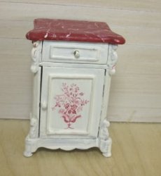 White Side Table with Red Marbelized Top I Red Floral Motif