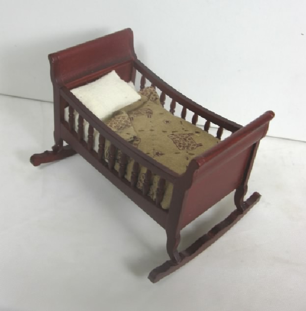 Mahogany Cradle with Hand Quilted Sheep Coverlet